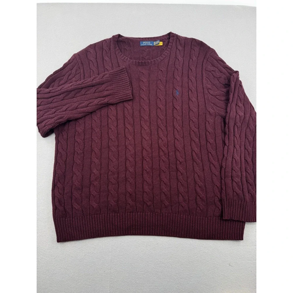 Polo Ralph Lauren Mens XXL Burgundy Cable Knit Cotton Crewneck Sweater Preppy